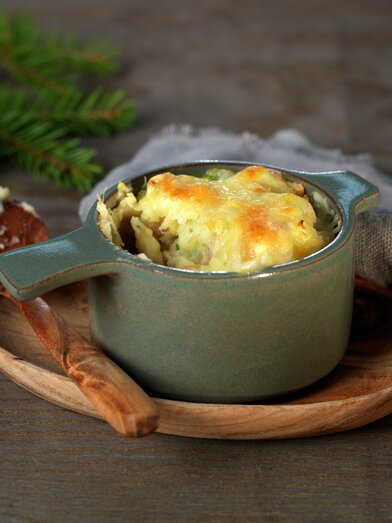 Gratinert potetmos med pinnekjøtt
